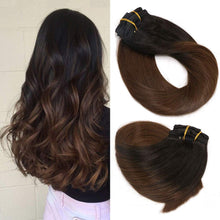 Load image into Gallery viewer, Clip In Human Hair Extensions Thicken Double Weft 9A Brazilian Hair 120g 7pcs Natural Black to Chestnut Brown Highlight Black Full Head Silky Straight 100% Human Hair Clip In Extensions 14 Inch