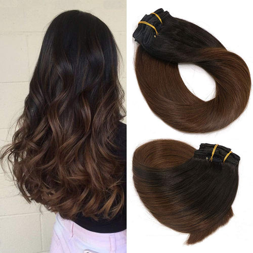 Clip In Human Hair Extensions Thicken Double Weft 9A Brazilian Hair 120g 7pcs Natural Black to Chestnut Brown Highlight Black Full Head Silky Straight 100% Human Hair Clip In Extensions 14 Inch