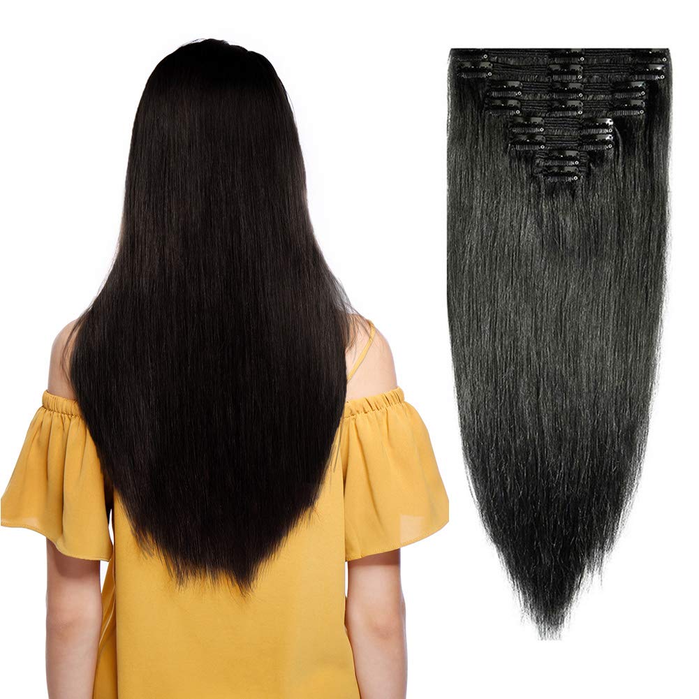 Double Weft 100% Remy Human Hair Clip in Extensions 10''-22'' Grade 7A Quality Full Head Soft Silky Straight 8pcs 18clips Off Black (14