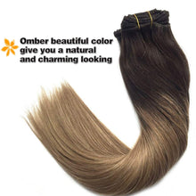 Load image into Gallery viewer, Googoo Hair Extensions Clip in Ombre Chocolate Brown to Honey Blonde Remy Human Hair Extensions Clip in Real Hair Extensions Double Weft Hair Extensions Straight 7pcs 120g 16inch