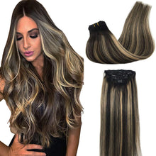 Load image into Gallery viewer, Googoo Hair Extensions Clip in Ombre Chocolate Brown to Honey Blonde Remy Human Hair Extensions Clip in Real Hair Extensions Double Weft Hair Extensions Straight 7pcs 120g 16inch