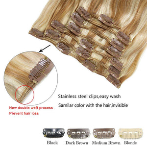 Clip In Human Hair Extensions Thicken Double Weft 9A Brazilian Hair 120g 7pcs Natural Black to Chestnut Brown Highlight Black Full Head Silky Straight 100% Human Hair Clip In Extensions 14 Inch