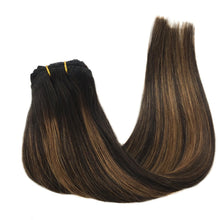 Load image into Gallery viewer, Googoo Hair Extensions Clip in Ombre Chocolate Brown to Honey Blonde Remy Human Hair Extensions Clip in Real Hair Extensions Double Weft Hair Extensions Straight 7pcs 120g 16inch