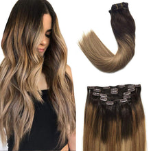 Load image into Gallery viewer, Googoo Hair Extensions Clip in Ombre Chocolate Brown to Honey Blonde Remy Human Hair Extensions Clip in Real Hair Extensions Double Weft Hair Extensions Straight 7pcs 120g 16inch