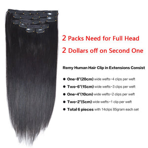 14"Remy Human Hair Clip in Extensions for Women Thick to Ends Dark Brown(#2) 6Pieces 70grams/2.45oz