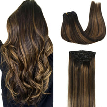 Load image into Gallery viewer, Googoo Hair Extensions Clip in Ombre Chocolate Brown to Honey Blonde Remy Human Hair Extensions Clip in Real Hair Extensions Double Weft Hair Extensions Straight 7pcs 120g 16inch