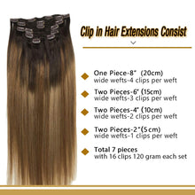 Load image into Gallery viewer, Googoo Hair Extensions Clip in Ombre Chocolate Brown to Honey Blonde Remy Human Hair Extensions Clip in Real Hair Extensions Double Weft Hair Extensions Straight 7pcs 120g 16inch